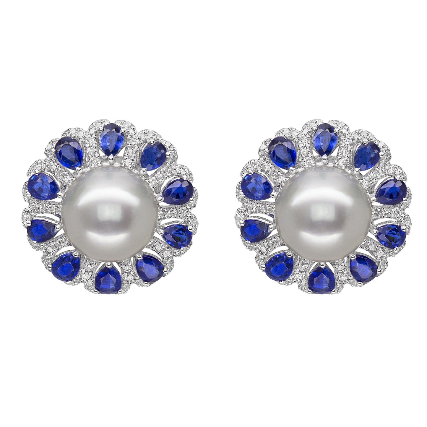 18K White Gold Pearl and Sapphire Earrings