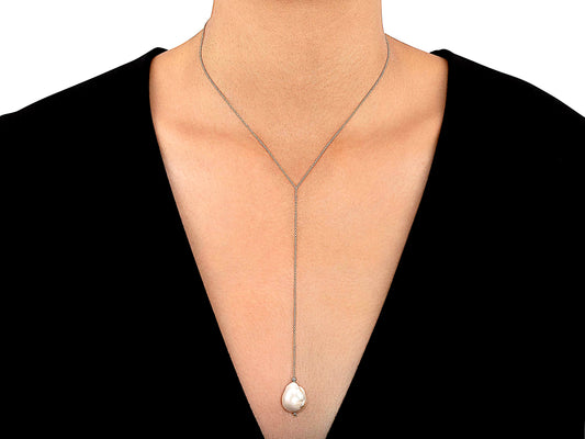 14k Yellow Gold Pearl Necklace Lariat Diamond