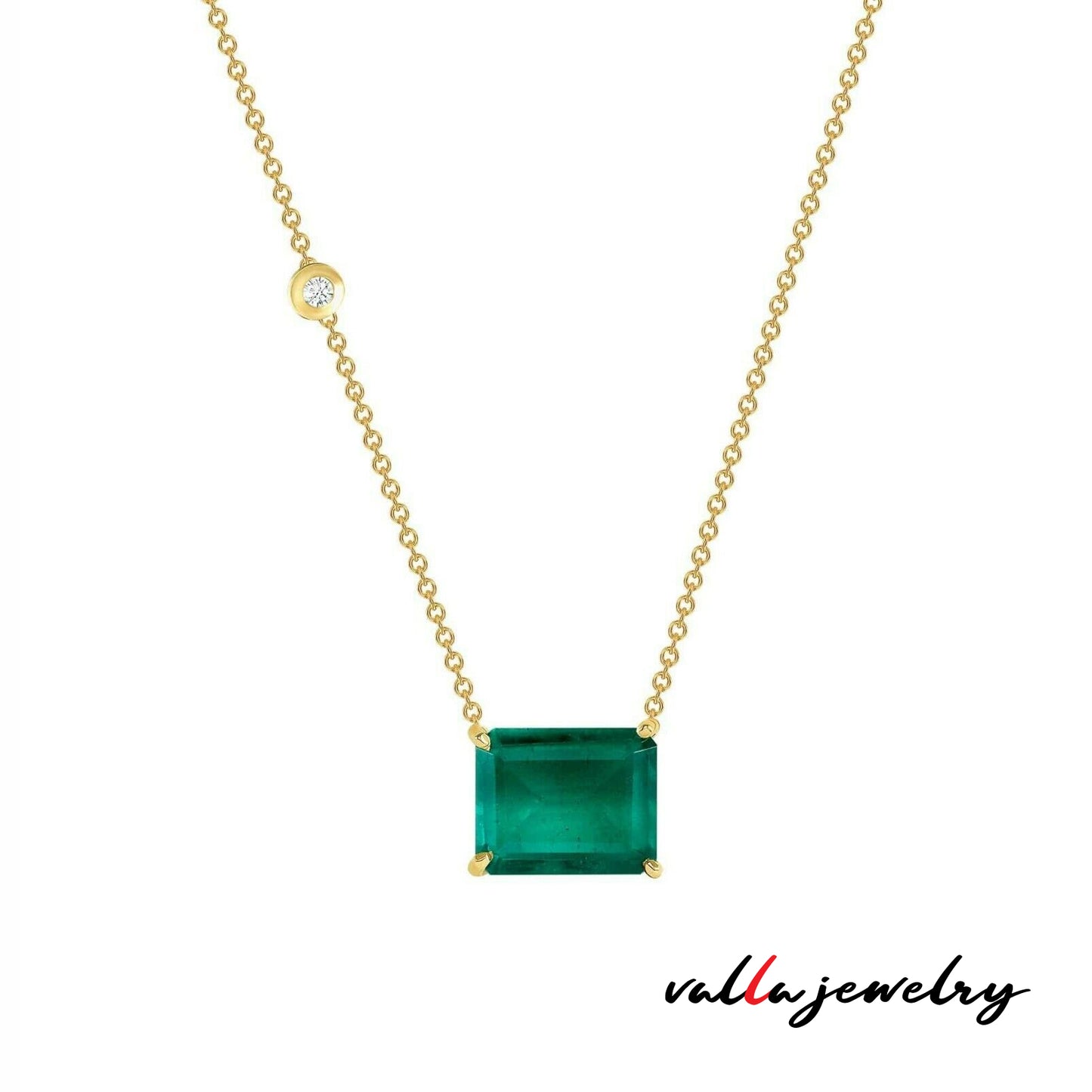 14k Classy Yellow Gold Square Emerald Necklace With Diamond V0221