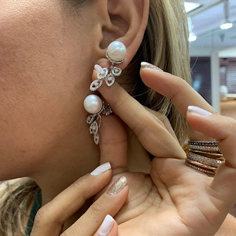 14k Unique White Pearl and Diamond Earrings
