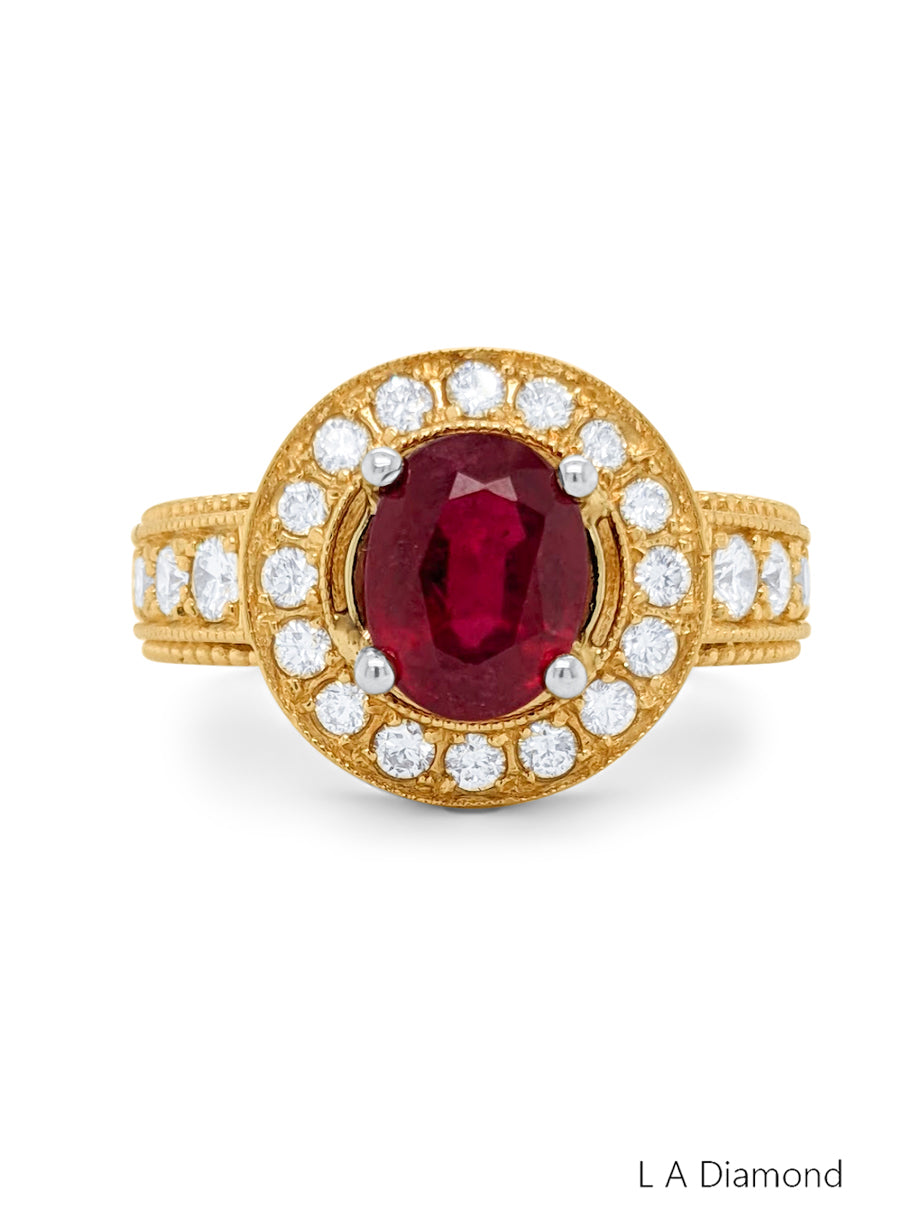 14k Yellow Gold Diamond Round Cut Ruby Stone Ring 1.09c