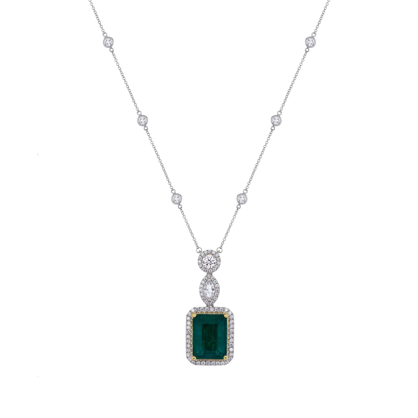 18K White Gold Classy Emerald  Necklace with 1.00Ct Center Diamond V0072