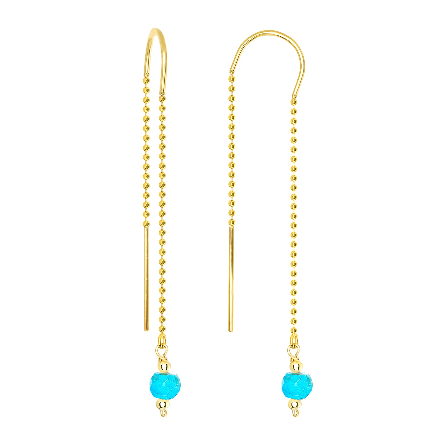 Trendy lariat earring 14k yellow gold with turquoise.