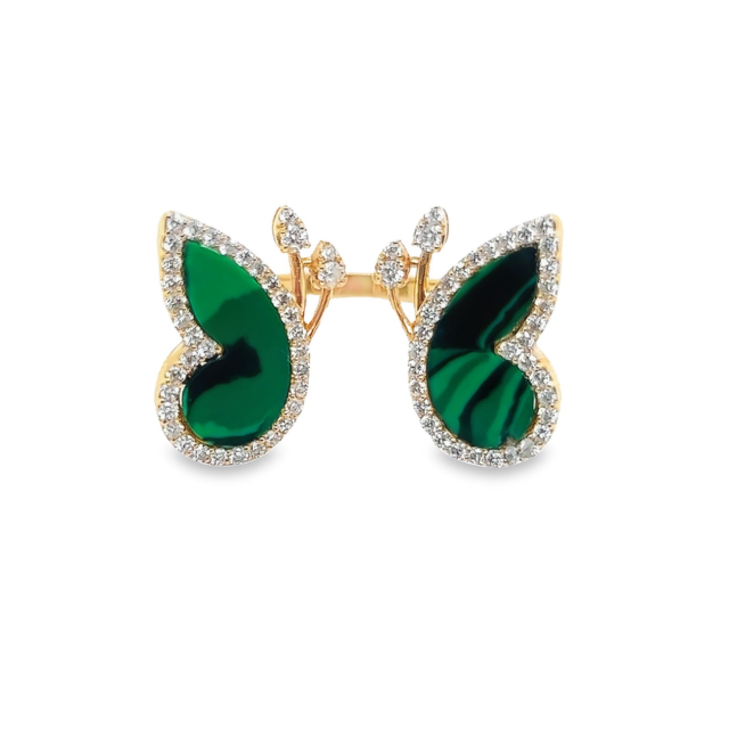 18K Yellow Gold Butterfly Diamond Ring With Malachite