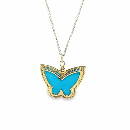 14K Yellow Gold Turquoise Butterfly Pendant With Diamond