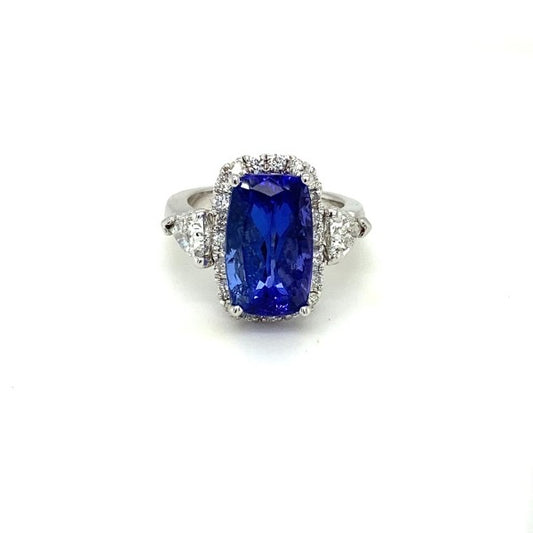 14k White Gold Emerald-Cut Blue Sapphire and Diamond Frame Engagement Ring 8.39c