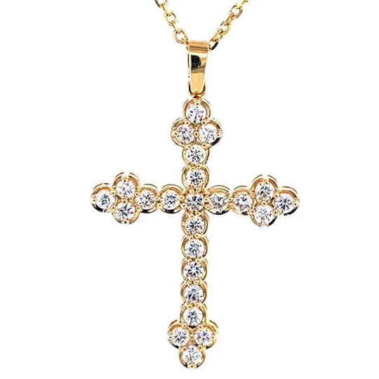 14K Yellow Gold Classic Cross Pendant Necklace With Natural Round Diamonds