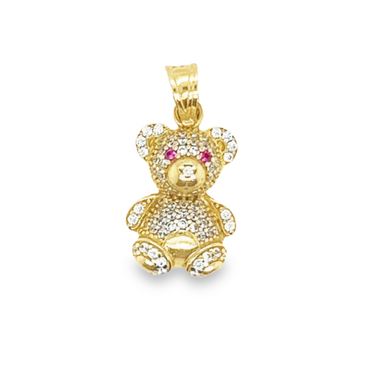 14k Yellow Gold Teddy Bear Pendant With White Sapphire and Ruby