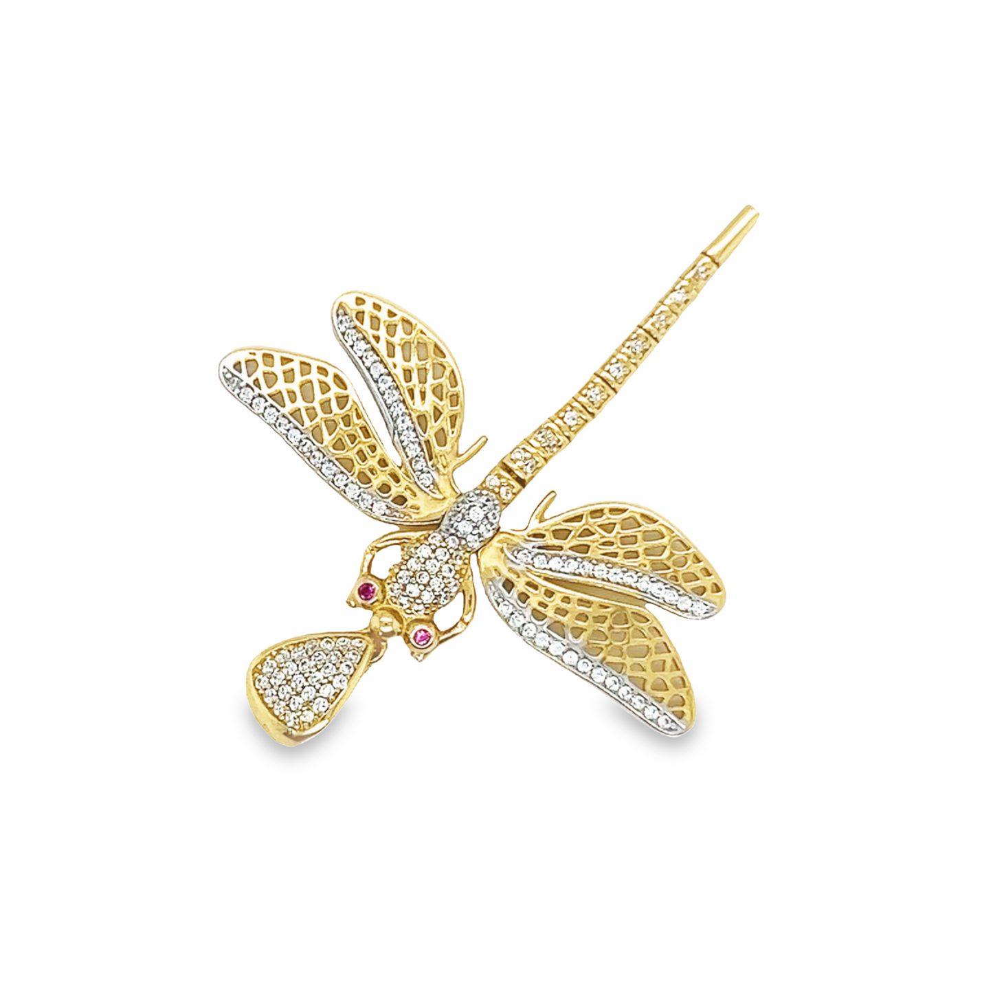 14K Yellow Gold Dragonfly Pendant with White and Pink Sapphire
