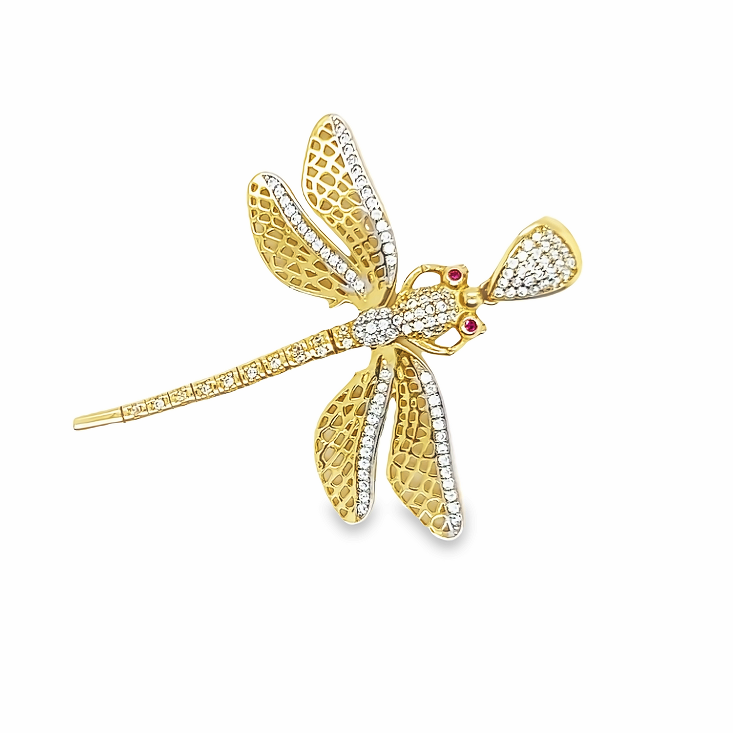 14K Yellow Gold Dragonfly Pendant with White and Pink Sapphire