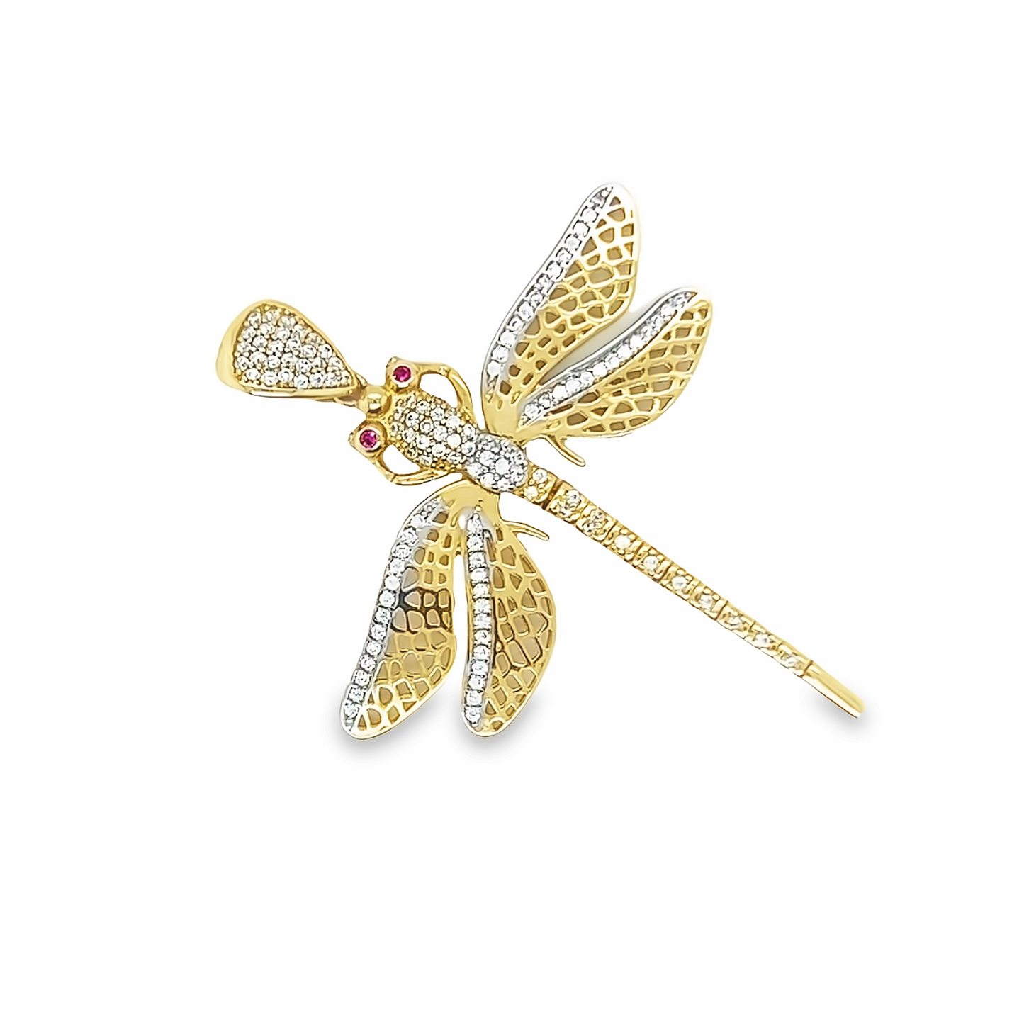 14K Yellow Gold Dragonfly Pendant with White and Pink Sapphire