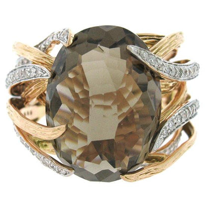 Diamond & 12.79ct Smokey Topaz 14k Two-tone Rose Gold Ring - 0.50ct