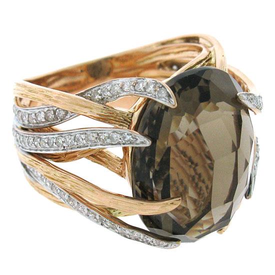 Diamond & 12.79ct Smokey Topaz 14k Two-tone Rose Gold Ring - 0.50ct