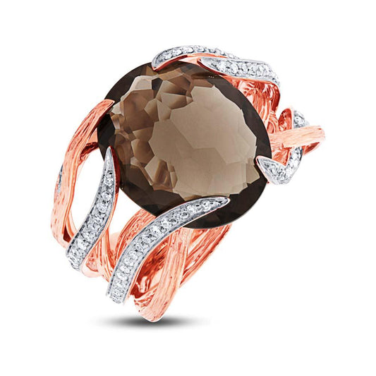 Diamond & 12.79ct Smokey Topaz 14k Two-tone Rose Gold Ring Size 8 - 0.50ct