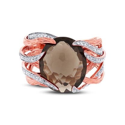 Diamond & 12.79ct Smokey Topaz 14k Two-tone Rose Gold Ring Size 8 - 0.50ct