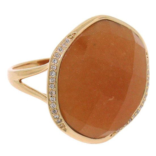 Diamond & 22.93ct Peach Aventurine 14k Rose Gold Ring - 0.11ct