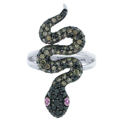 Black & Champagne Diamond & 0.06ct Pink Sapphire 14k White Gold Snake Ring