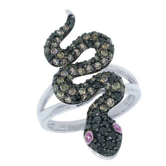 Black & Champagne Diamond & 0.06ct Pink Sapphire 14k White Gold Snake Ring