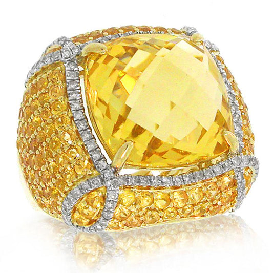 Diamond & 12.48ct Citrine & 3.87ct Yellow Sapphire 14k Yellow Gold Ring - 0.57ct