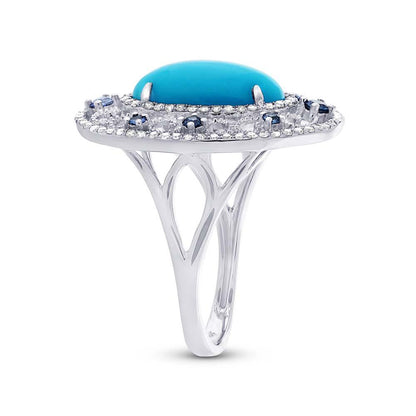 Diamond & 2.96ct Composite Turquoise & 0.25ct Blue Sapphire 14k White Gold Ring - 0.37ct