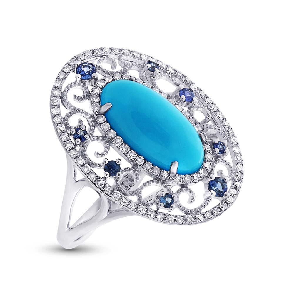 Diamond & 2.96ct Composite Turquoise & 0.25ct Blue Sapphire 14k White Gold Ring - 0.37ct