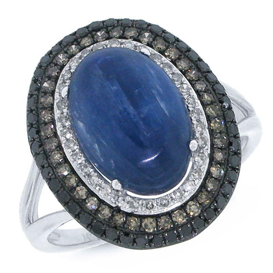 White, Champagne & Black Diamond & 4.92ct Kyanite 14k White Gold Ring - 0.60ct