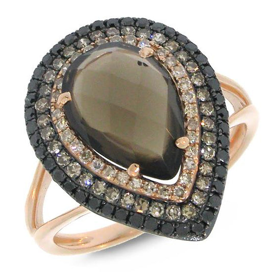 White, Champagne & Black Diamond & 2.76ct Smokey Topaz 14k Rose Gold Ring - 0.58ct