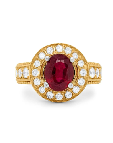 14k Yellow Gold Genuine Opaque Ruby Ring With Diamond For Women