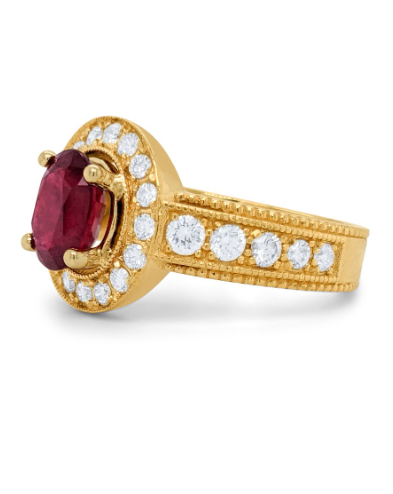 14k Yellow Gold Genuine Opaque Ruby Ring With Diamond For Women