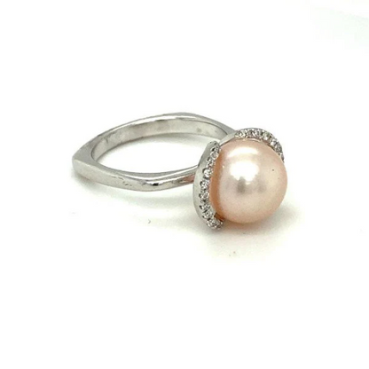Freshwater Pearl & White Diamond Charming Modern Dainty Ring For Women