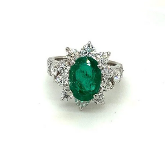 Solid White Gold Emerald and Natural Diamond Ring For Women