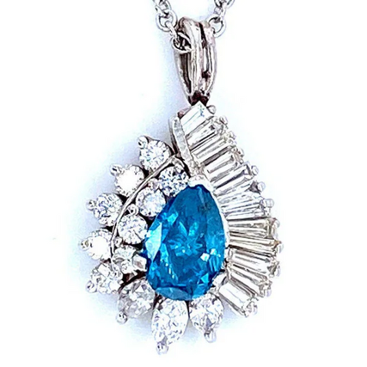 14K White Gold Blue Sapphire With Genuine Diamond Pendant Elegant Teardrop