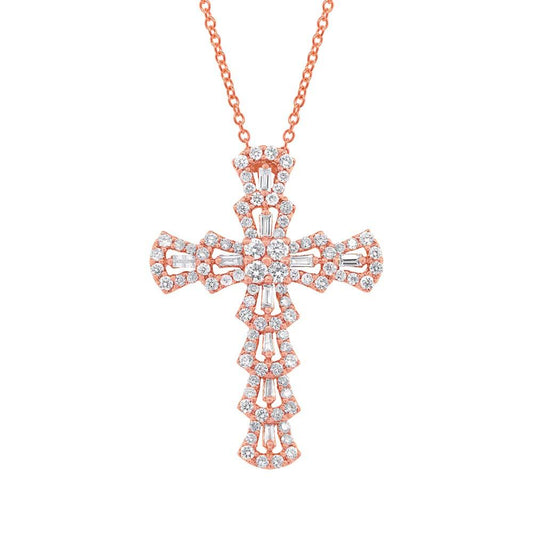 18k Rose Gold Diamond Cross Pendant - 1.28ct