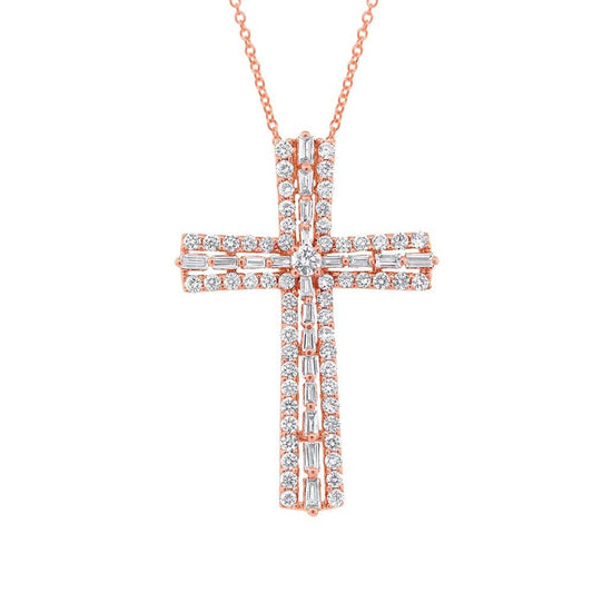 18k Rose Gold Diamond Cross Pendant - 1.12ct