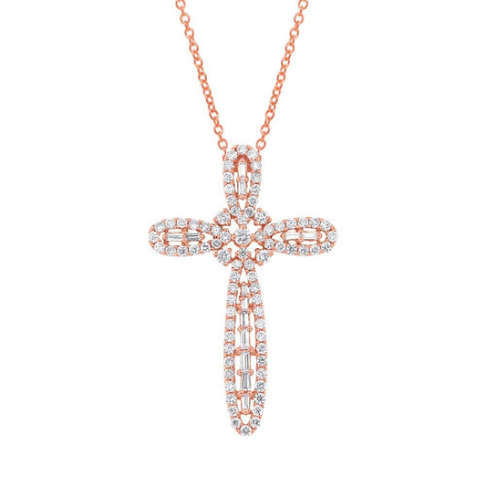 18k Rose Gold Diamond Cross Pendant - 1.17ct