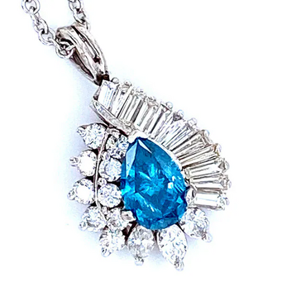 14K White Gold Blue Sapphire With Genuine Diamond Pendant Elegant Teardrop