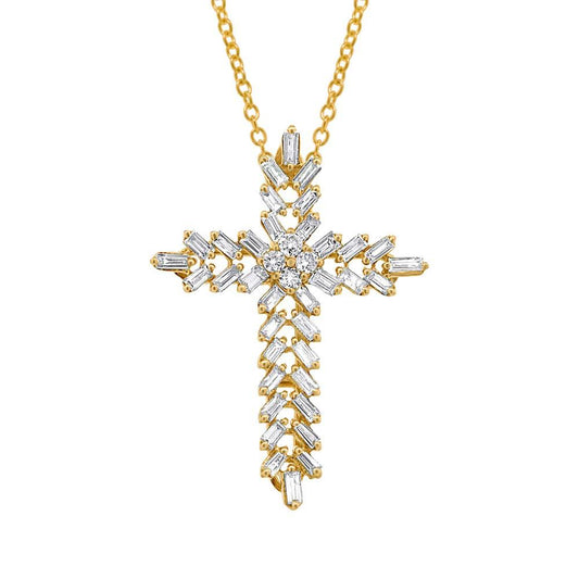 18k Yellow Gold Diamond Baguette Cross Pendant - 0.50ct