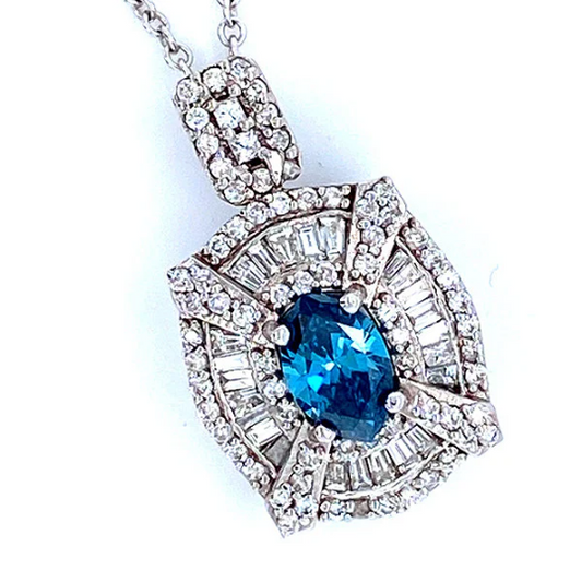 14K White Gold Blue Sapphire Gemstone Pendant Necklace For Women