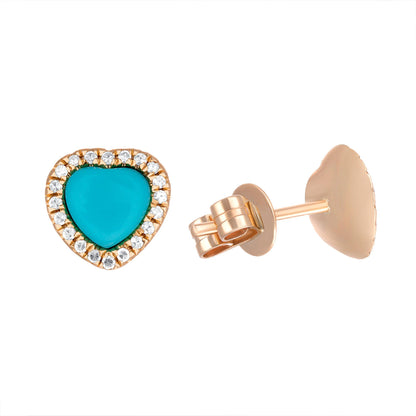 14k Yellow Gold Diamond and Turquoise Heart Earrings