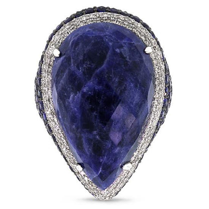 Diamond & 29.65ct Sodalite & Blue Sapphire 14k White Gold Ring - 0.62ct