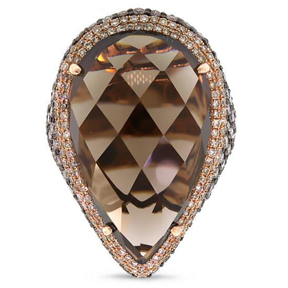 White & Champagne Diamond & 27.13ct Smokey Topaz 18k Rose Gold Ring - 4.18ct