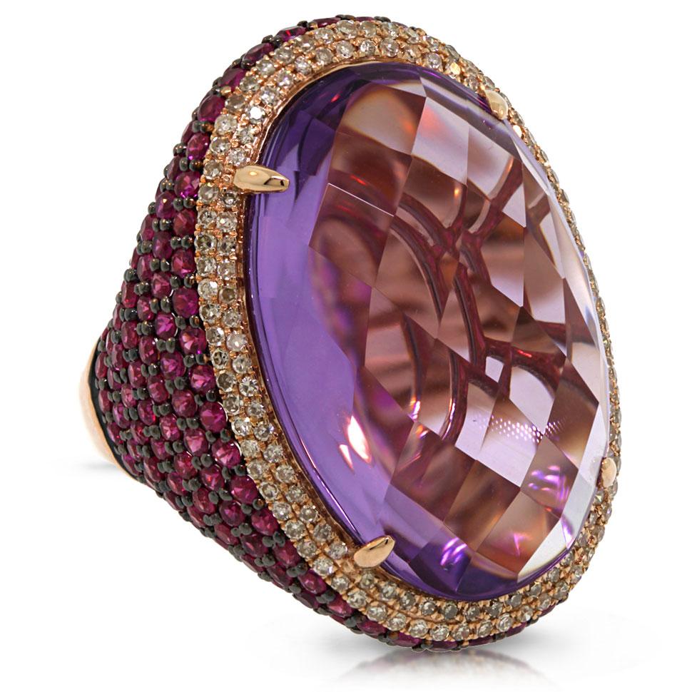 Diamond & 29.34ct Amethyst & Pink Sapphire 14k Rose Gold Ring - 0.59ct