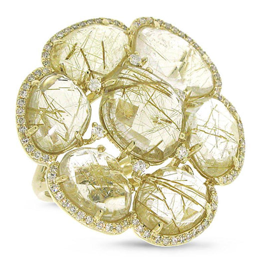 Diamond & 14.22ct Golden Line Quartz 14k Yellow Gold Ring - 0.39ct