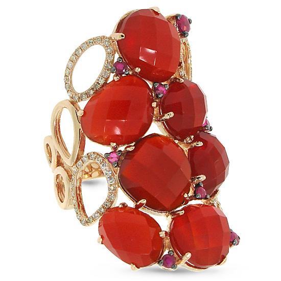 Diamond & 13.94ct Red Agate & Ruby 14k Rose Gold Ring - 0.29ct