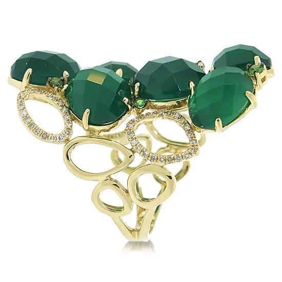 Diamond & 13.33ct Green Agate & Green Garnet 14k Yellow Gold Ring - 0.29ct