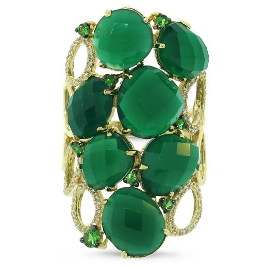 Diamond & 13.33ct Green Agate & Green Garnet 14k Yellow Gold Ring - 0.29ct