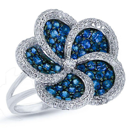 Diamond & 1.64ct Blue Sapphire 14k White Gold Flower Ring - 0.75ct