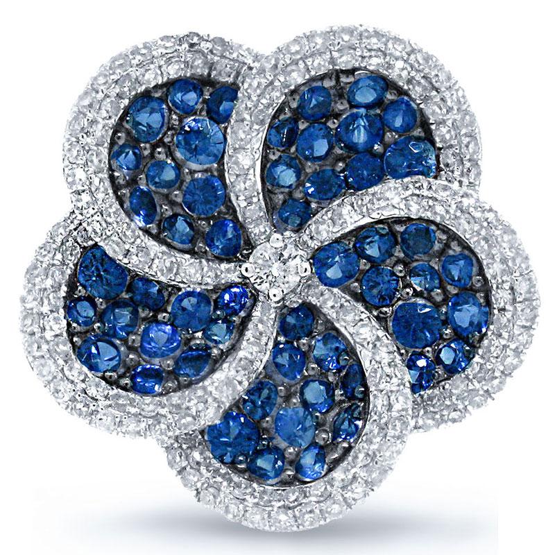 Diamond & 1.64ct Blue Sapphire 14k White Gold Flower Ring - 0.75ct