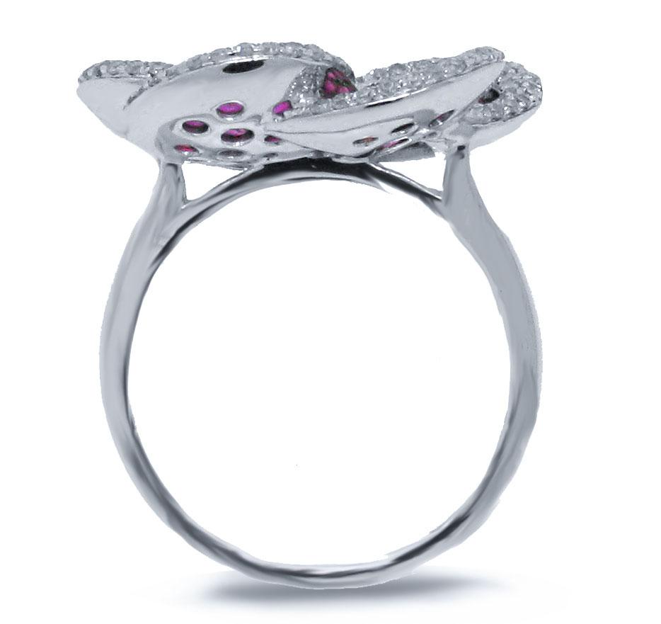 Diamond & 1.78ct Ruby 14k White Gold Flower Ring - 0.75ct