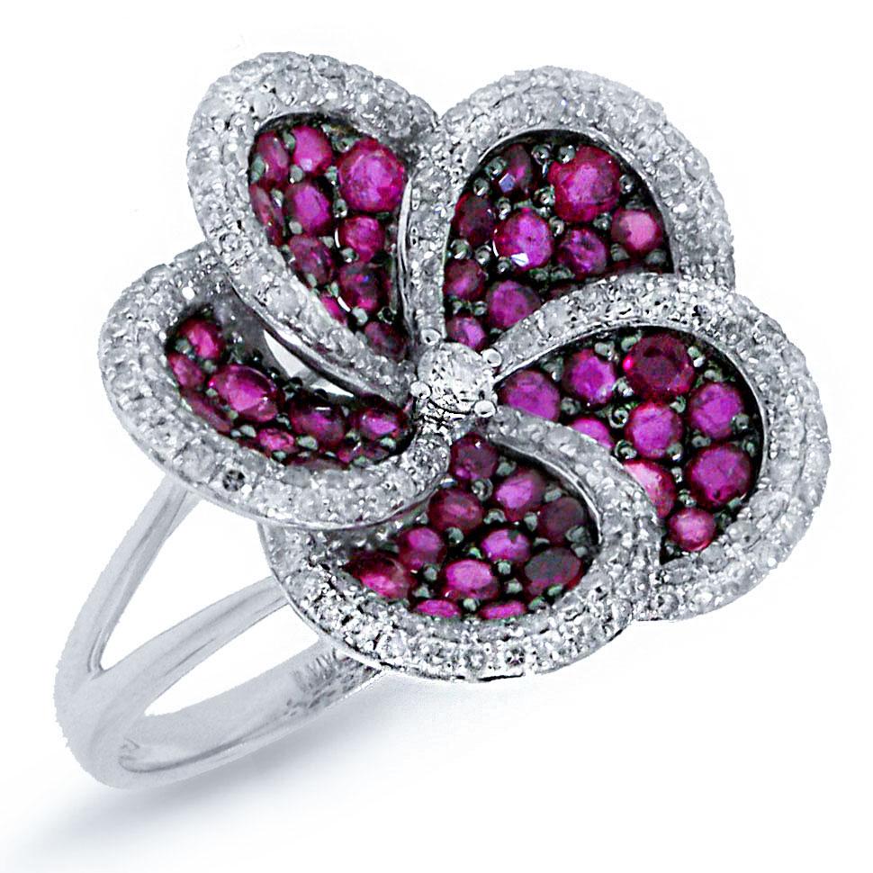 Diamond & 1.78ct Ruby 14k White Gold Flower Ring - 0.75ct